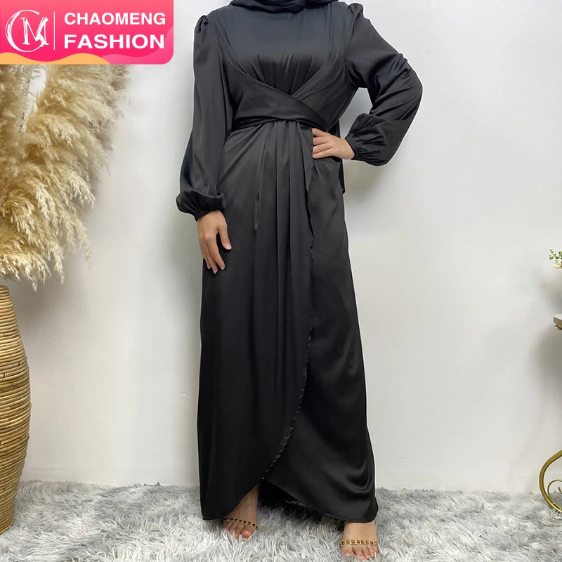 6345# Super Popular Design Smooth Satin With Front Two Big Belt Fashion Elegant Muslim Islamic Women Dress