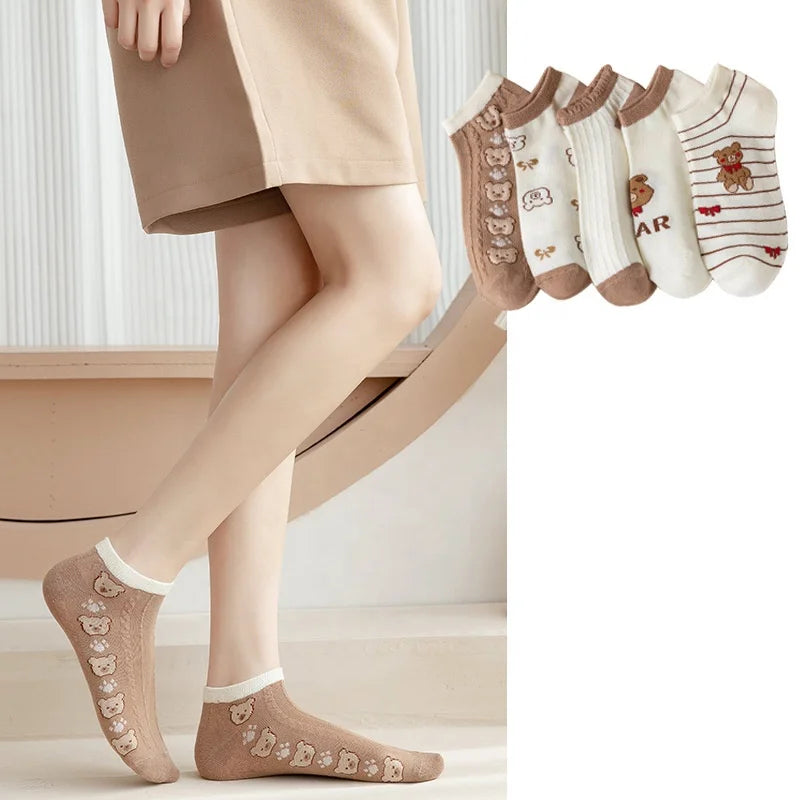 Wholesale Summer Cute Brown Bear Short Socks Women Kawaii Cotton Low Cut Ankle Socks
