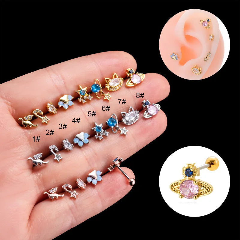 Stainless Steel Double Head Screw Ear Bone Nail Bear Paw Planet Earring Stud Piercing for Women
