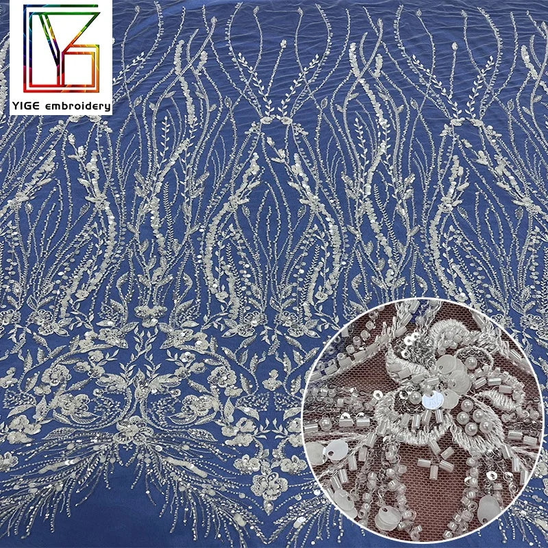 High Quality White Beaded Lace Fabric Bridal Embroidery Sequin Pearl Lace Tulle Fabric Laces Fabrics for Women