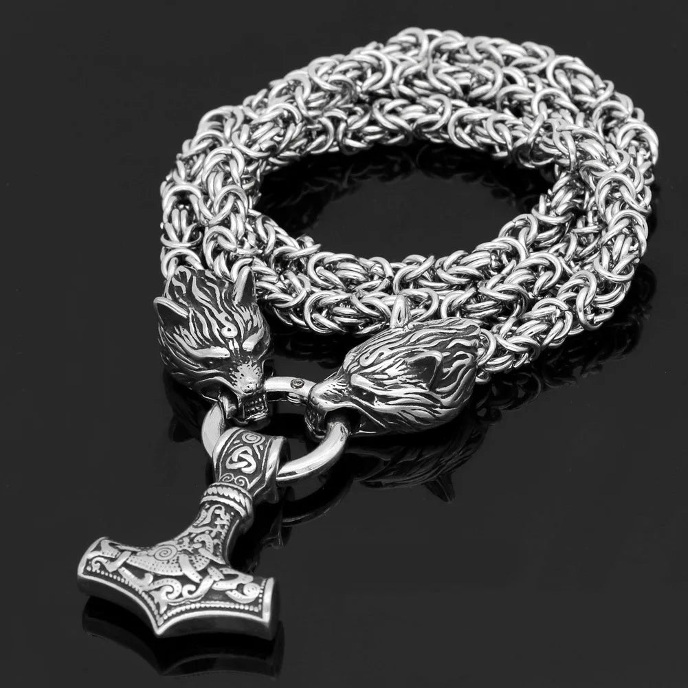 Mens Stainless Steel Nordic Wolf Head Norse Viking Amulet Thor Mjolnir Necklace Viking Jewelry With Chain and Hammer Pendant