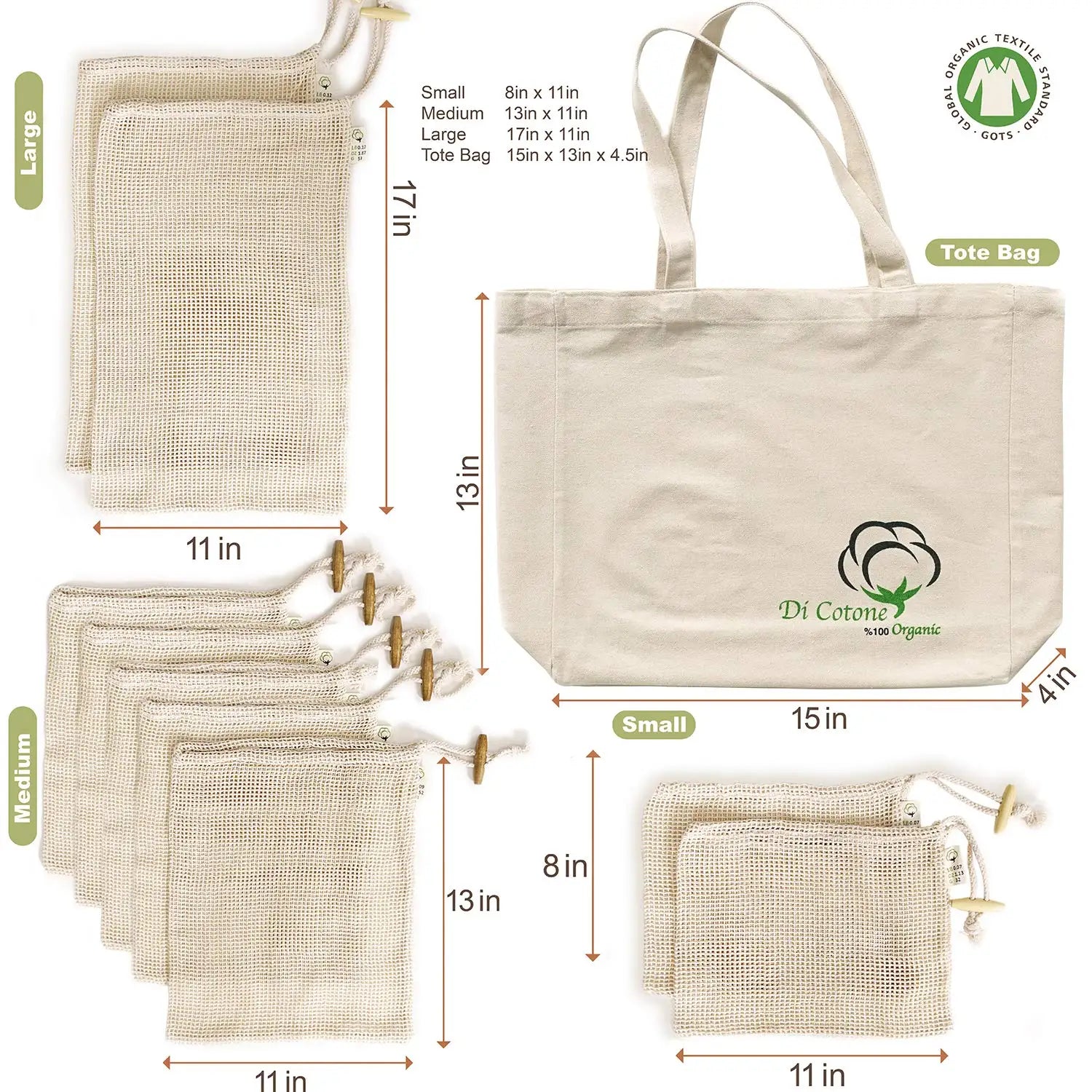 Grocery Net Tote Washable Biodegradable Eco Friendly GOTS Reusable Produce Drawstring Ribbon Rope Organic Cotton Mesh Shopping