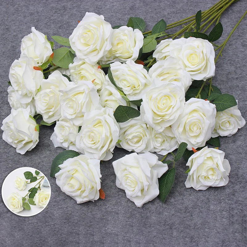 White Rose Single Flower with Leaves DIY Material for Wedding Decoration Artificial Flowers