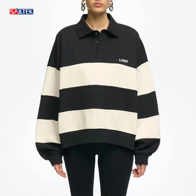 2026 Women Clothing Streetwear 280 Gsm Polo Hoodie Women Custom Long Sleeve Pullover Striped Hoodies