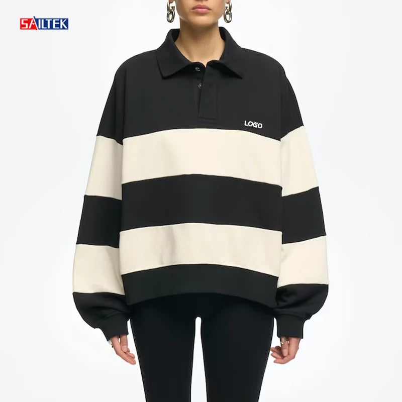 2026 Women Clothing Streetwear 280 Gsm Polo Hoodie Women Custom Long Sleeve Pullover Striped Hoodies