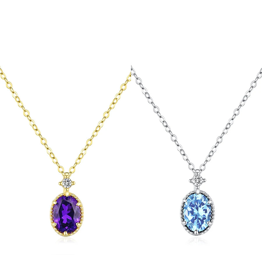 Noble Elegant Golden Necklace Silver S925 Jewelry Maker Wholesale Retail Purple Blue Zirconia Oval Pendant Necklace for Women