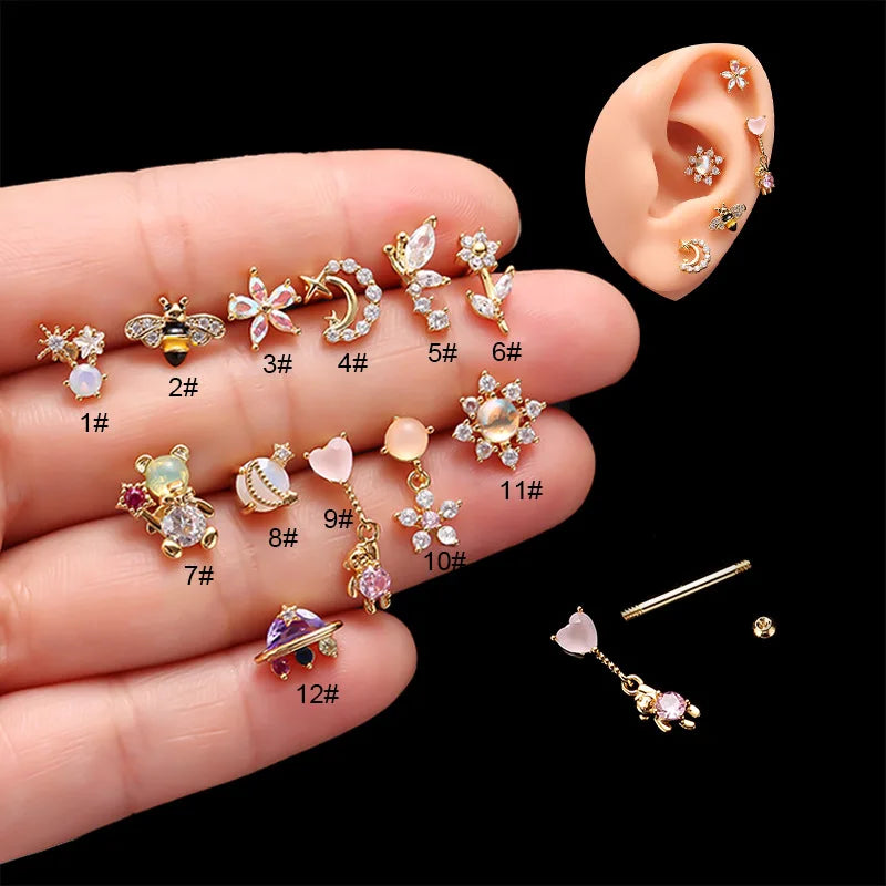 Fashion Single Piercing Earrings Stainless Steel Thin Rod Screw Ball Earrings Colorful Zircon Earrings for Women Girls