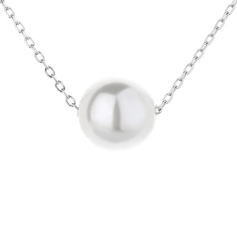 ACME Single Round  Elegant Imitation Real Pearl Choker Necklace 925 Sterling Silver Chain Solitaire Collar Necklace for Women