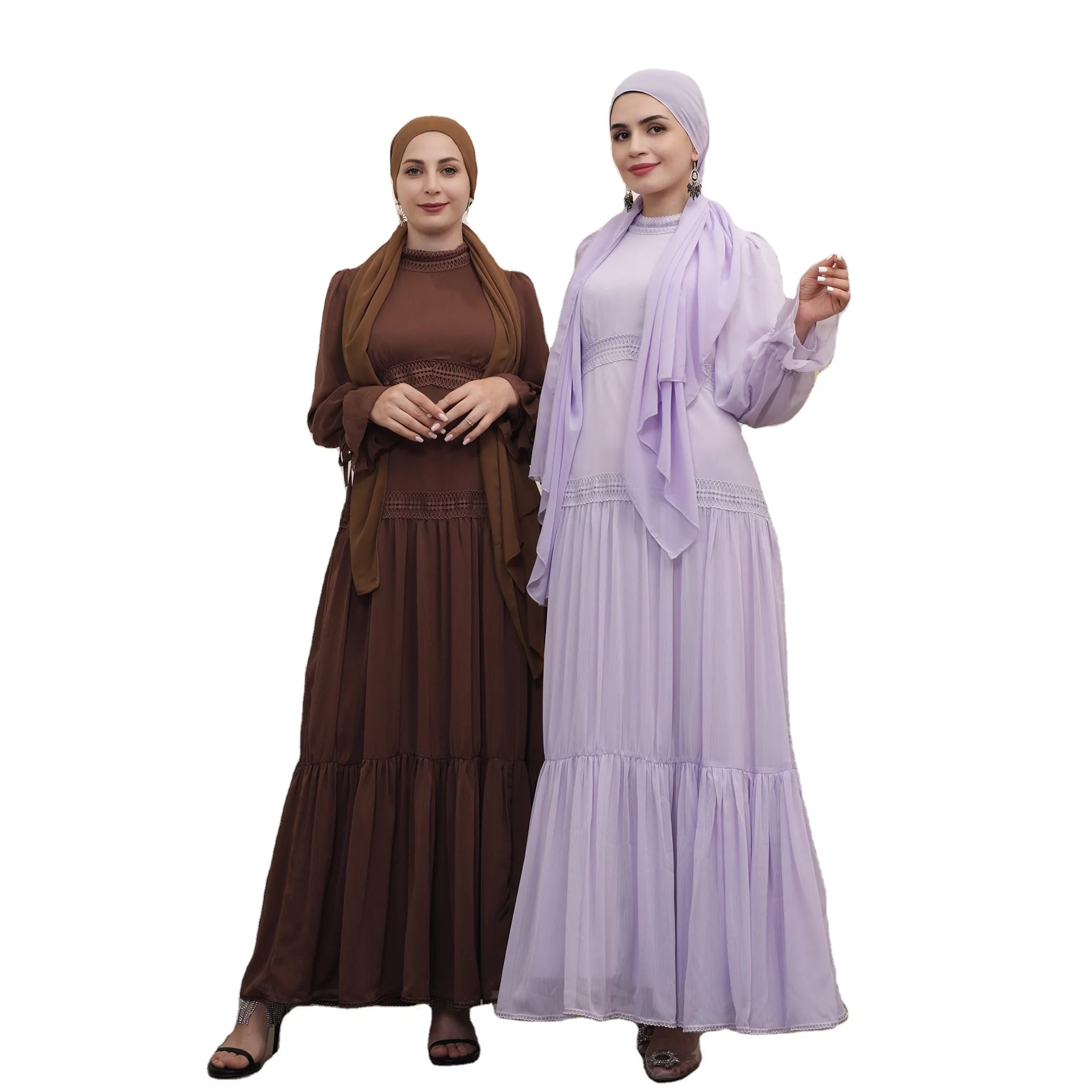 Middle East Saudi Arabia Pure Color Breathable Crinkle Fabric Lace Decoration Abaya Women Muslim Dress