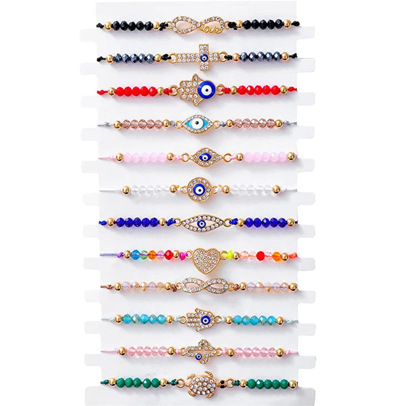 Rhinestone Devil Eye Bracelets Turkish Adjustable Friendship Bead Bracelet Set Rope for Women Blue Devil Eye Bracelet