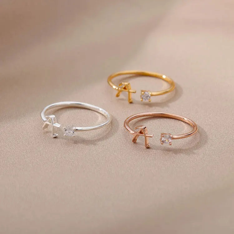 Fashion Single Diamond Initial Rings Thin Finger Rings Women Opening Adjustable Gold Silver Tiny 26 Letter Rings for Girls