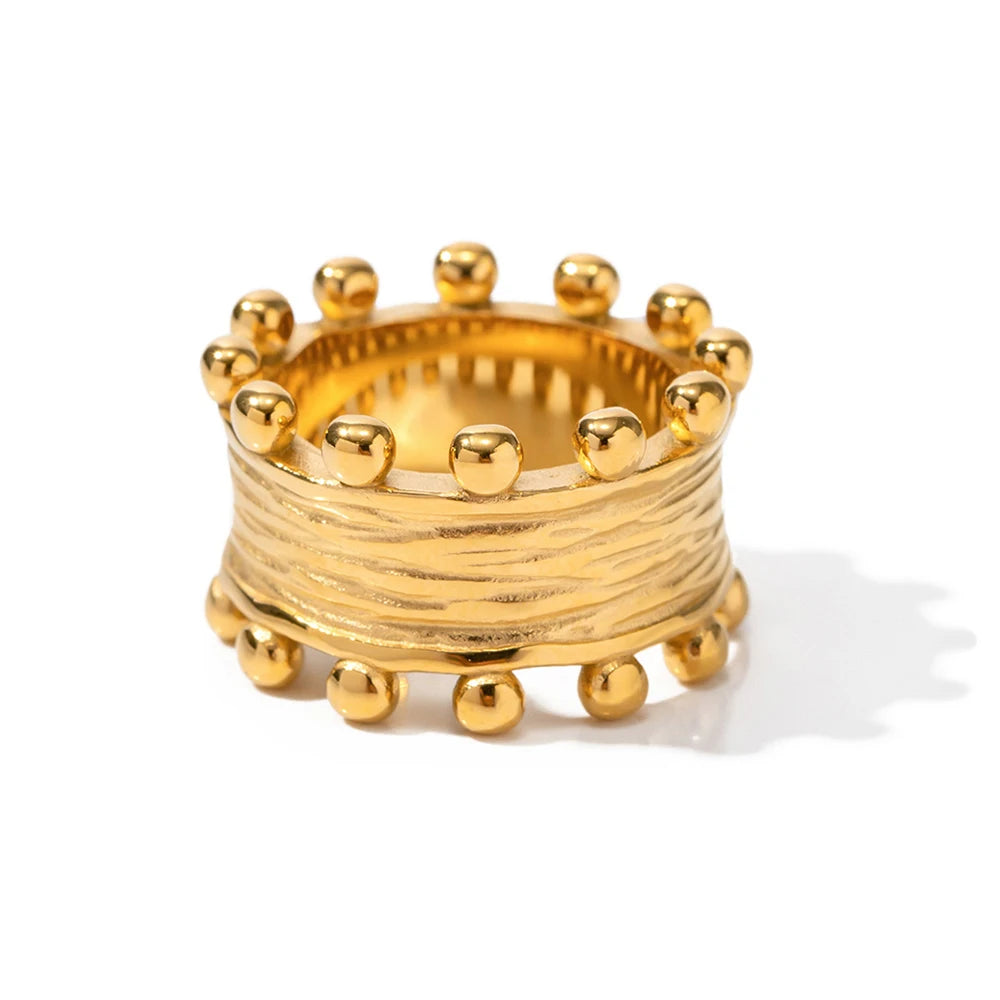 Charm Stainless Steel 18K Gold Plated  Raina Ring Gift Wide Texture Statement Crown Rings for Women