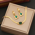Fashion Non Tarnish 18K Gold Plated Stainless Steel Emerald Stone Earring Bracelet Necklace Jewelry Set for Women