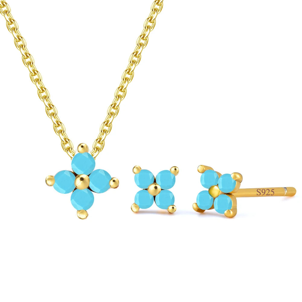 Gold Plated Fashion S925 Sterling Silver Flower Necklace and Stud Earrings Blue Turquoise Jewelry Set for Women Daily Wear