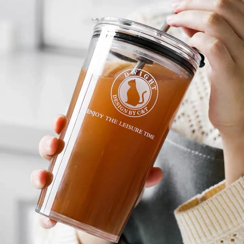 Logo Custom Reusable Glass Cup with Straw for Bubble Tea Boba Juice Tea Drinking Glass Tumbler with Straw and Lid
