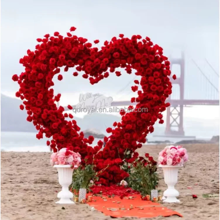 Handmade Red Artificial Flower Arch Heart Shaped Backdrop Decoration Wholesale Christmas Wedding Arch Flowers