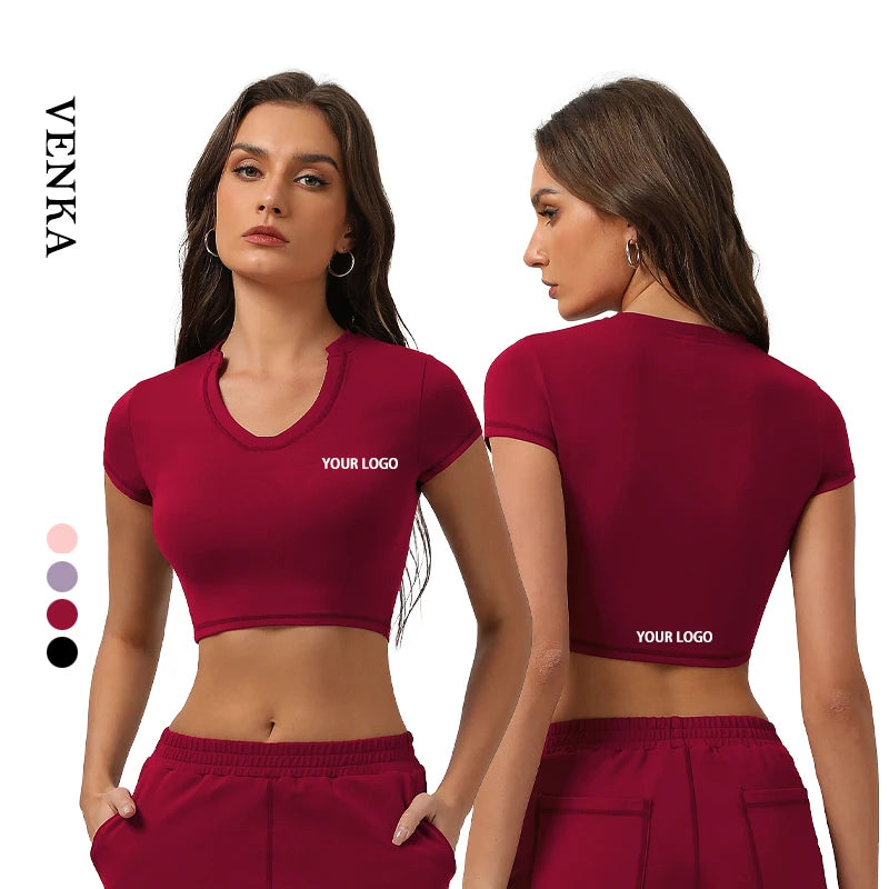 Custom Logo Women's Soft Fitness Sportswear Crop Top V Neck Slim Fit Sexy Yoga Short Sleeves Shirts Top T-shirt for Ladies