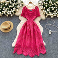 2025 Summer Casual Midi Women Empire Hollow Out Dress
