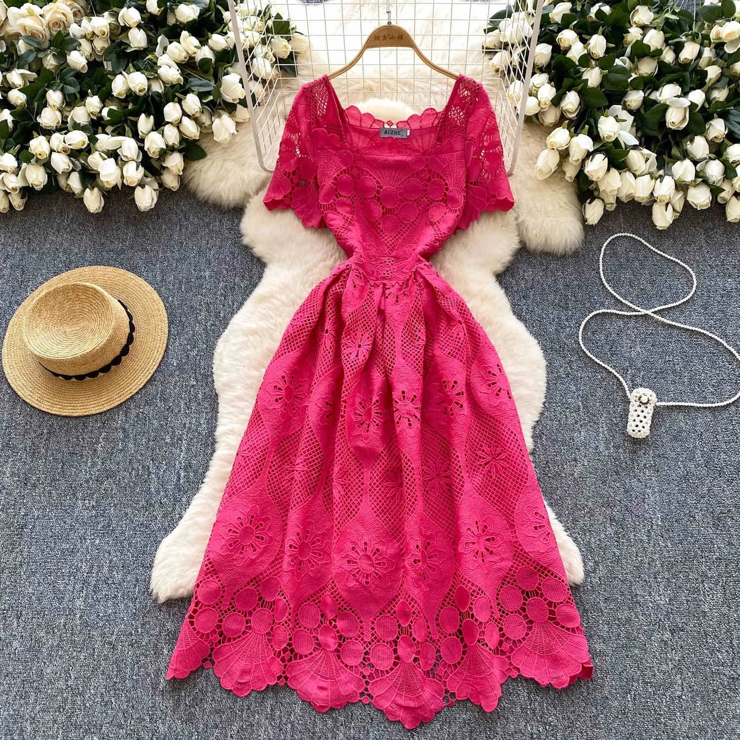 2025 Summer Casual Midi Women Empire Hollow Out Dress