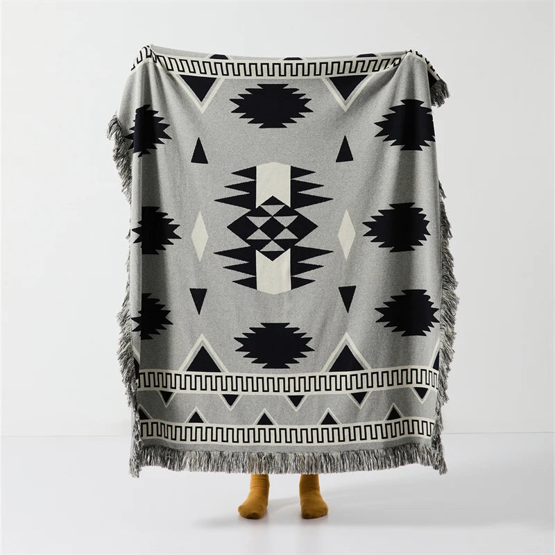 LW Geometric Boho Tassel 100% Cotton Thread Knitted Throw Blanket Bohemian