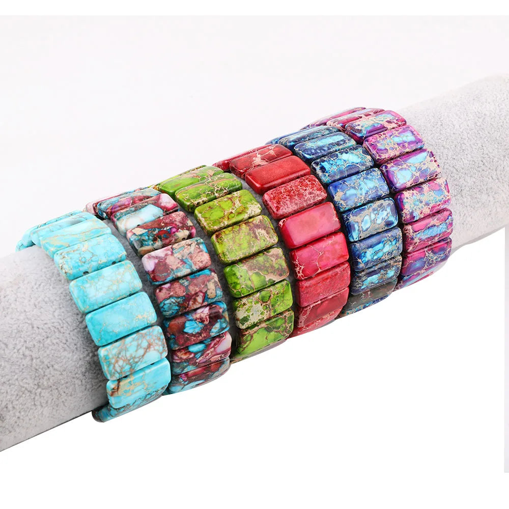 New Design Rainbow Colorful Natural Imperial Jasper Stone Handmade Elastic Wrap Bracelet For Women JBS12807