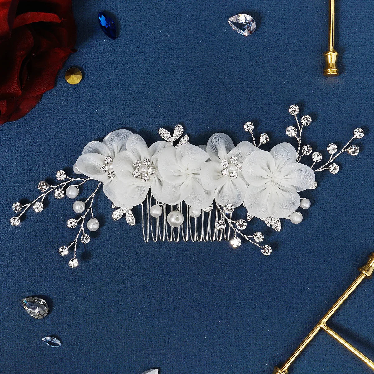Miallo Rhinestone Pearl Hair Combs Bridal Fabric White Flower Wedding Accessories Women Jewelry