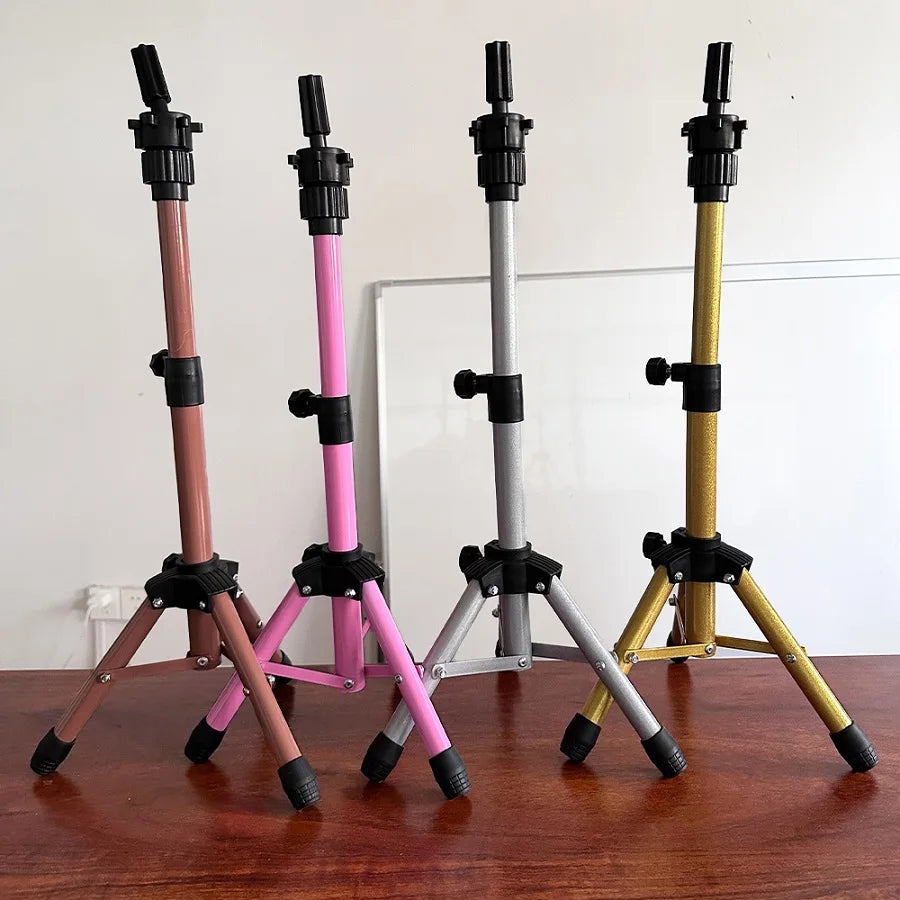Mini Wig Stand Colorful Tripod Mannequin Head Adjustable Metal Cosmetology Tripod for Barber Hairdresser