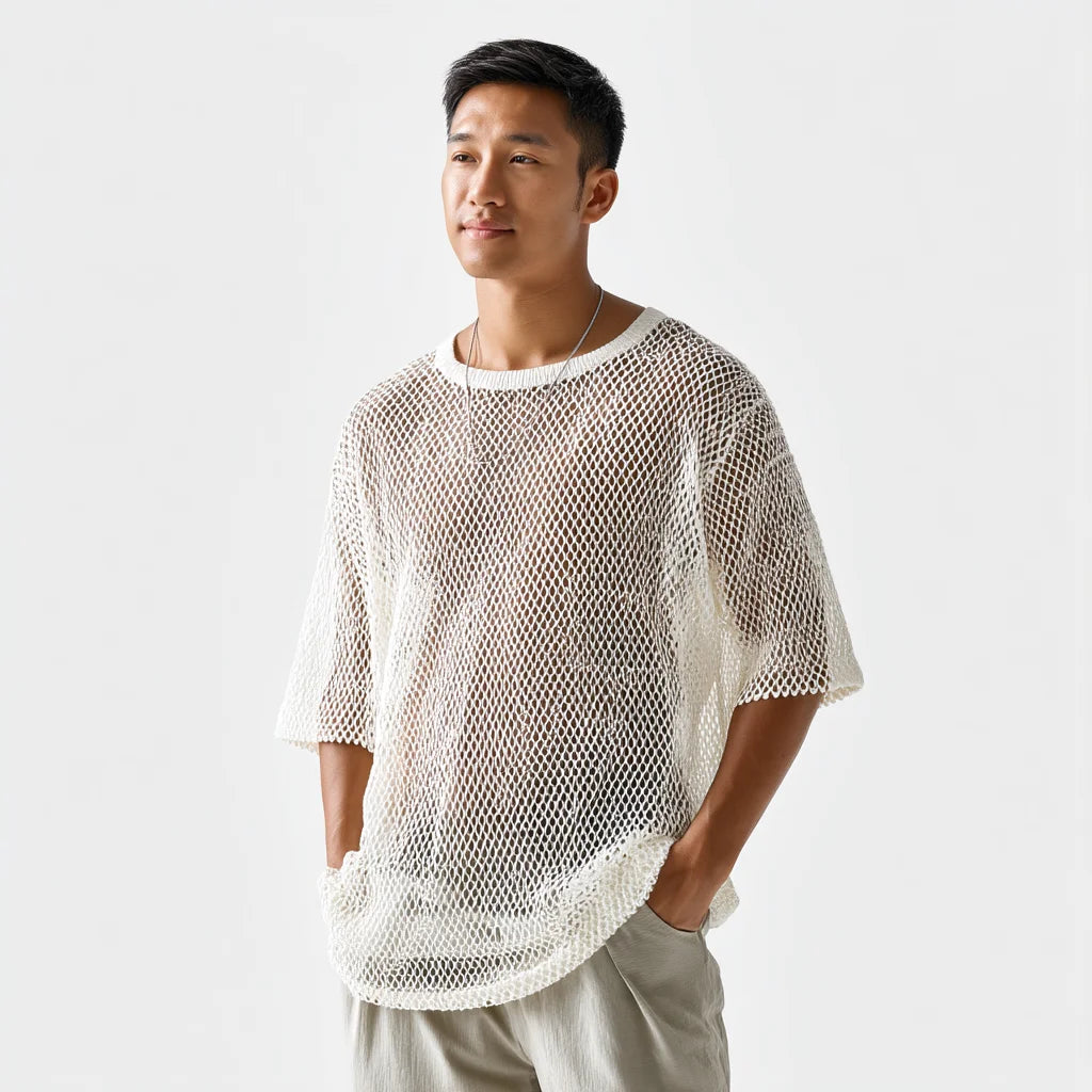 2025 Custom Men's Open-Knit Mesh T-Shirt Ultra-Breathable Summer Layer Sweater Relaxed Fit 220 Grams Fabric Weight Solid Pattern