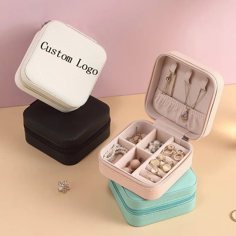 Portable Women's Jewelry Box Custom Logo Mini Leather Travel Case for Rings Ornaments Velvet PU Leather Storage Metal Material