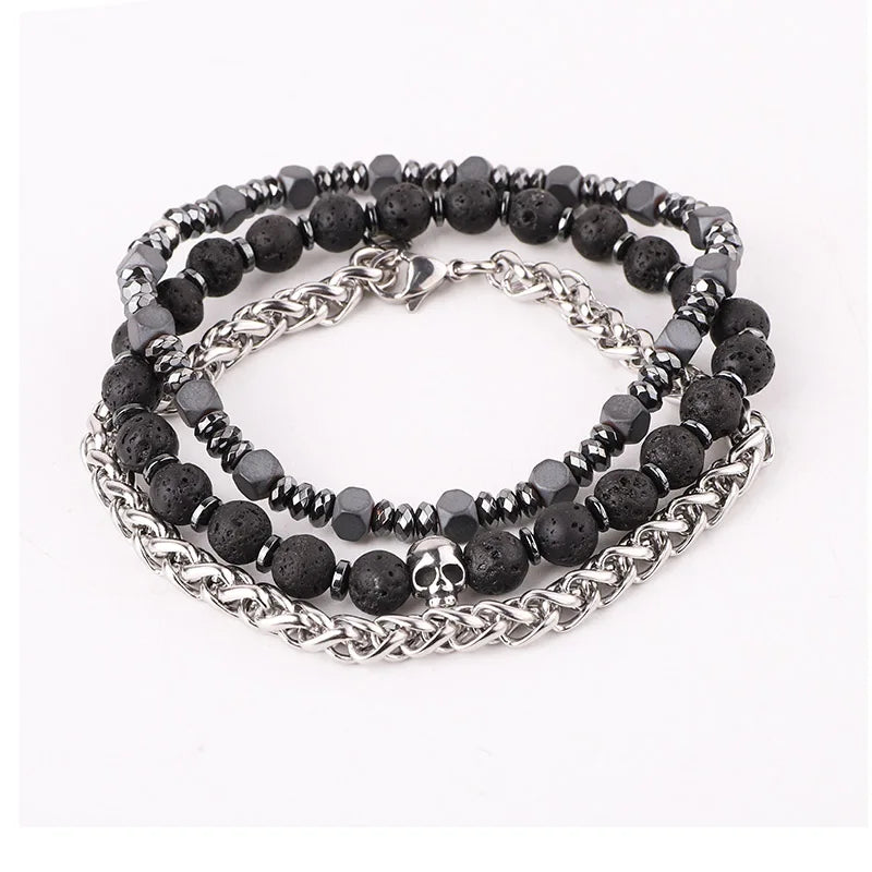 Natural Stone Lava Rock Beads Hematite Stainless Steel Chains Skull Charms Beaded Elastic Bracelet Set Men