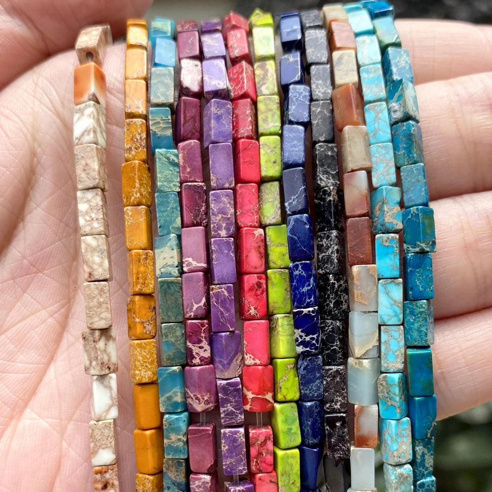 AsVrai U 3x3mm Natural Stone Colorful Sea Sediment Jasper Cuboid Shape Loose Beads for Jewelry Making DIY Bracelet Accessories