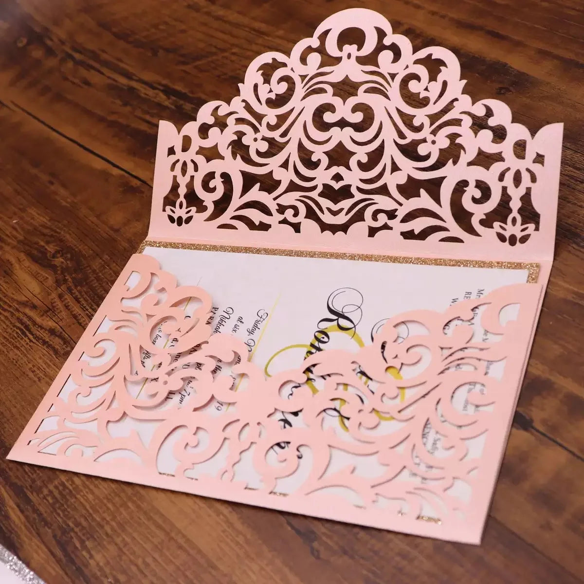 Gatefold Wedding Decoration Quinceanera Invitation Glitter Rose Gold Invitation Laser Cut Wedding Cards