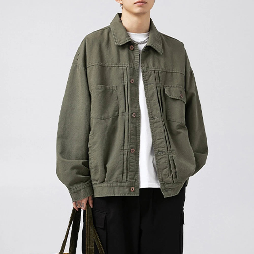 OEM Custom Men Canvas Spring Thin Vintage Work Jacket Casual Outdoor Streetwear Washed Turn-down Collar Oversize