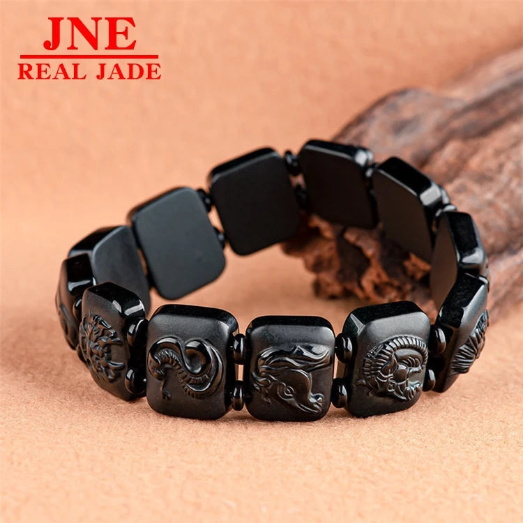 Natural Dark Jade Jadeite Twelve Zodiac Hand Brand Jade Bracelet Men's Bracelet Generous and Upscale Jade Wholesale