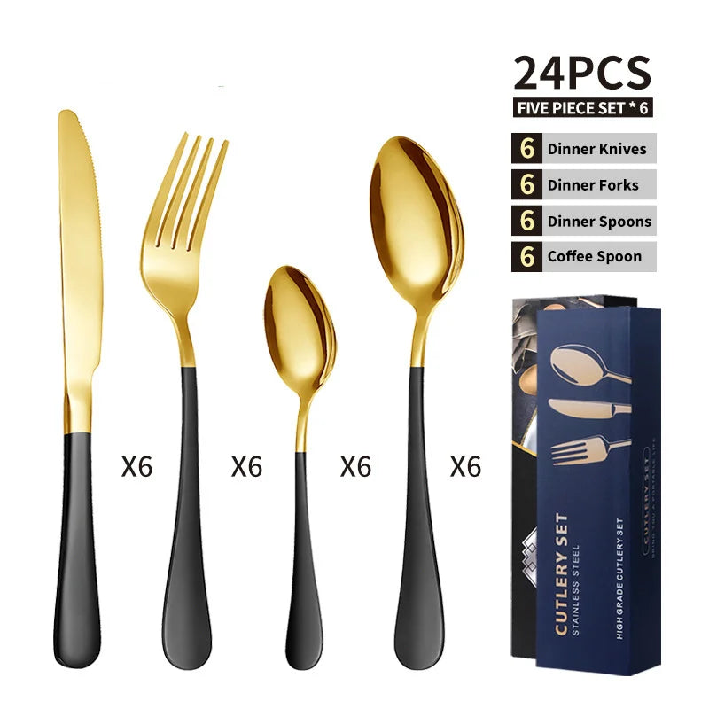 Hot Sale 1010 Stainless Steel Cutlery 24 Pcs Set Knife Fork Spoon Gold Silverware Wedding Cutlery Set