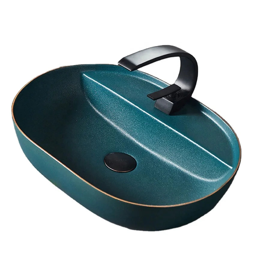 Jingdezhen Smart Decorative Blue Green Oval Ceramic Cabinet Basin Bathroom Face Washing Feature