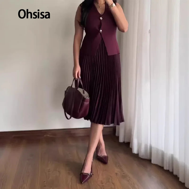 Ohsisa 2025 Elegant Office Lady Outfit Sleeveless Vest Women Tank Top +  Pleated Skirt Fashion Elegant Clothing Set Suits