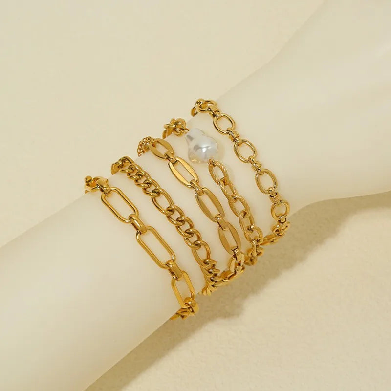 Fashion 18 K Gold Stainless Steel Chain Bracelet Set Minimalist Zircon Pearl Pendant Bracelet Women's Bracelet Gift