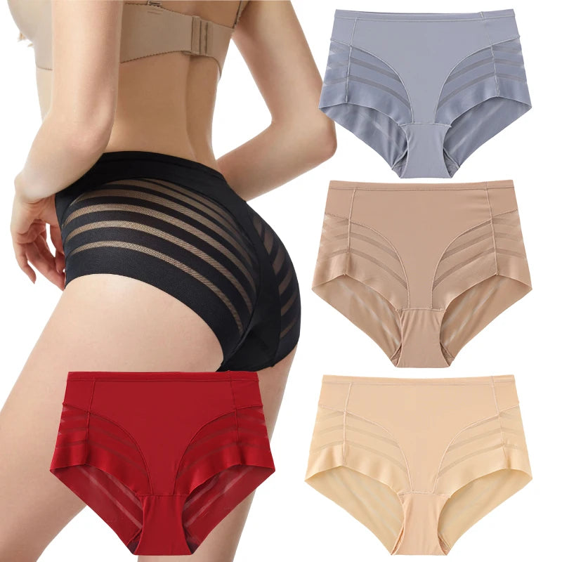 Women Mid-rise Underwear Breathable Mid-waist Panties Sexy See Through Ice Silk Stripe Lace Underwear Light Tummy Control Briefs