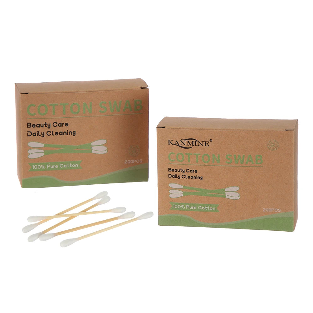 100% Natural Cotton Bud Soft and Extremely Absorbent 200 Pieces Bamboo Stick Cotton Bud With Normal Kraft Paper Box