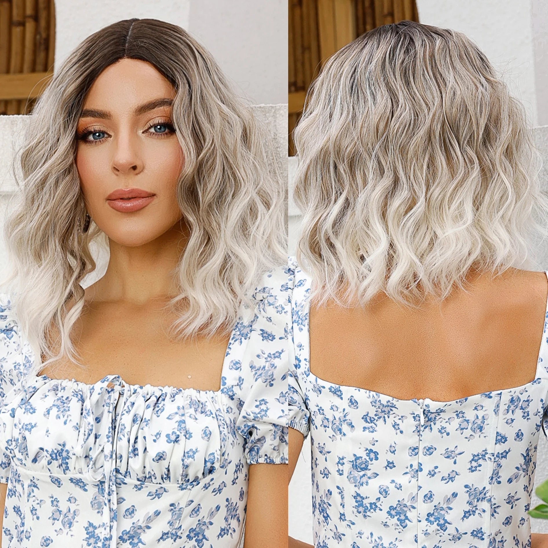 Japanese Future Chemical Fiber Synthetic Dark Hair Root Ombre Gray White Short Curly Hair Wave T-Shaped Lace Wig Soft Durable