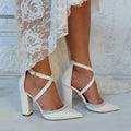 Custom Wedding Shoes Point Toe White Block Chunk High Heel Ankle Strap Court Bridal Customized Wedding Pearls Heels for Bride