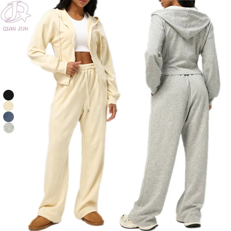 2025 New Solid Color Women's Sports Sets Hooded Casual Sweatshirt Loose Yoga Suit Plus Size Breathable Sustainable Elastic Waist