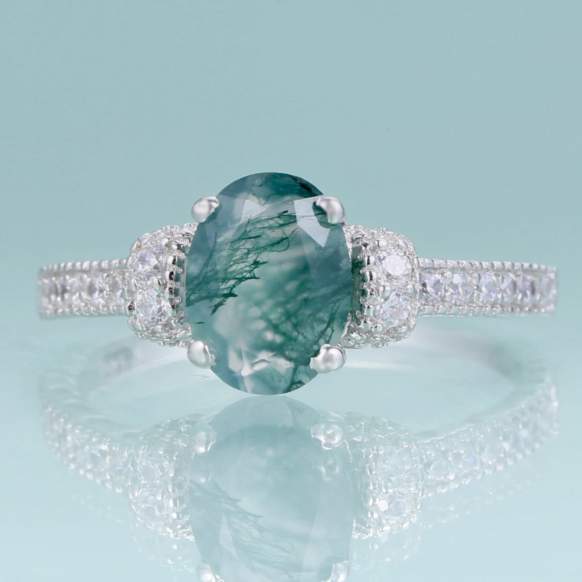 C136 High-End Jewelry 925 Sterling Silver Natural Moss Agate Gemstone Women's Stackable Fine Prong-Set Green Stone Ring