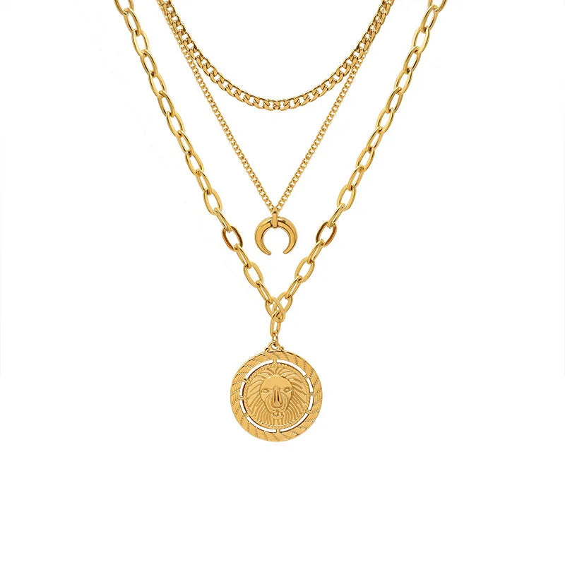 Gold Plated Triple Cuban Link Chain Multilayer Pendent Charm Necklace Jewelry