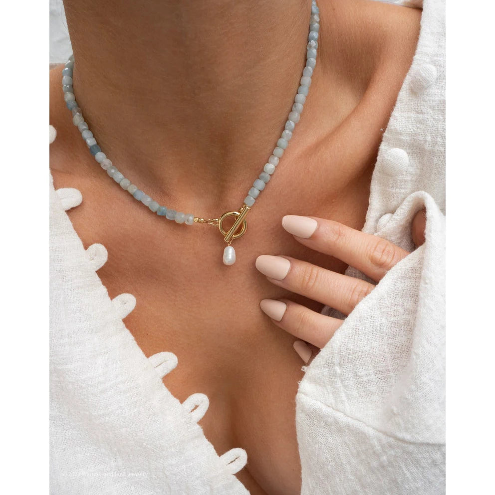 Zooying Aquamarine Stone Gemstone Necklace with Freshwater Pearl Necklace Birthstone Necklace