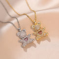 Delicate Sweet Cute Stainless Steel Chain Cubic Zircon Pink Heart Bear 18k Gold Plated Micro CZ Bear Necklace