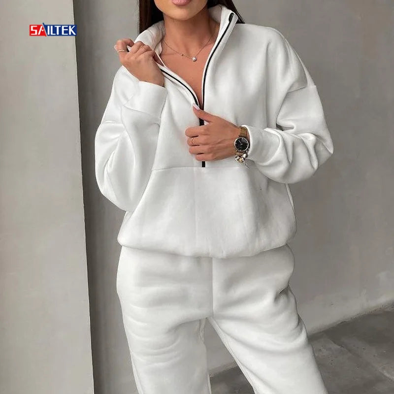 Custom Women Fleece Tracksuit Wholesale Two Piece Half Zip Pullover Hoodie and Jogger Pants Sets Jogging Suits