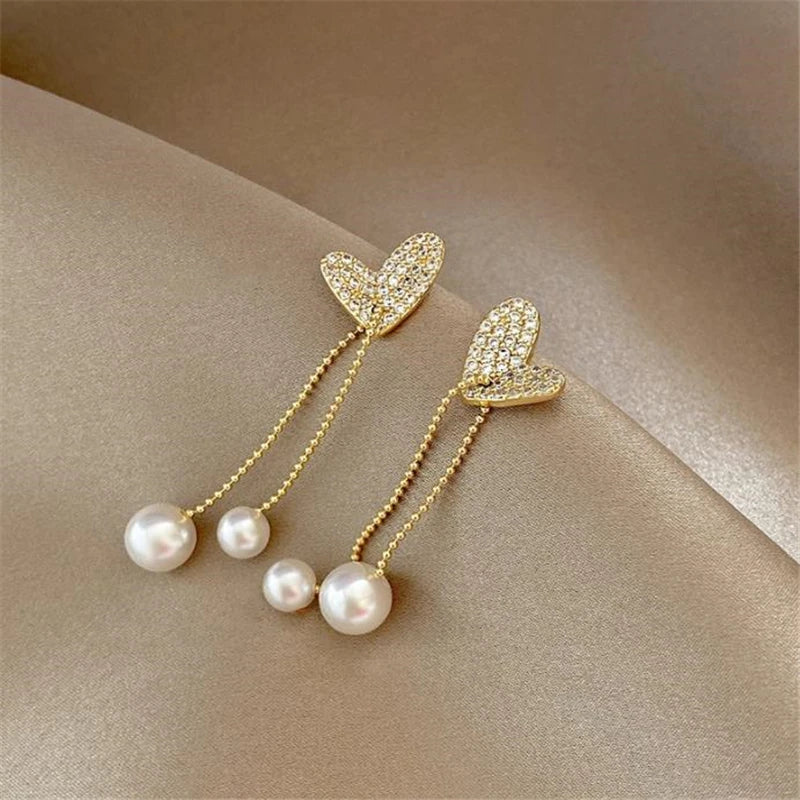 Korean Fashion Jewelry Simple Heart Beads Earrings Women's Zircon Tassel Pendant Earrings