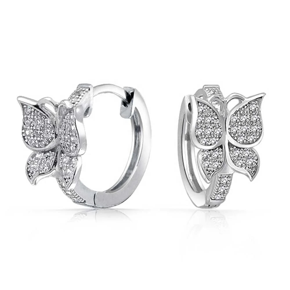 Fashion Jewelry Supplier Sterling Silver Micro Pave Zircon Butterfly Huggie Hoop Earrings for Women